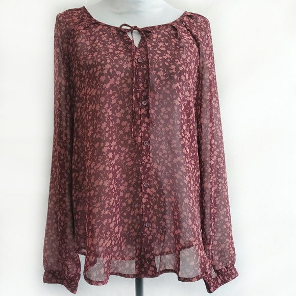 Old Navy Wine/Blush Floral Print Sheer Blouse - Picture 1 of 5